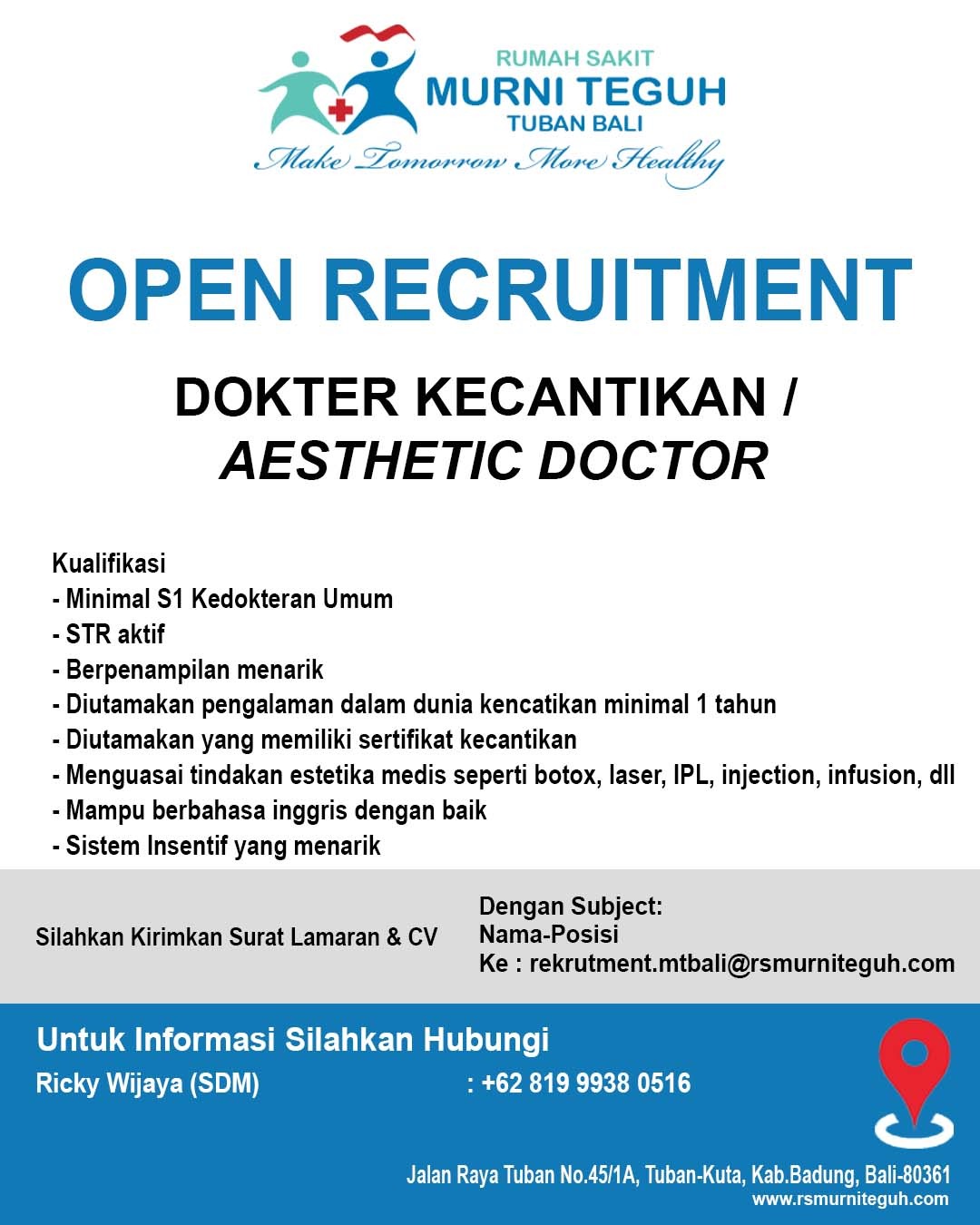 Open Recruitment Dokter Kecantikan/ Aesthetic Doctor