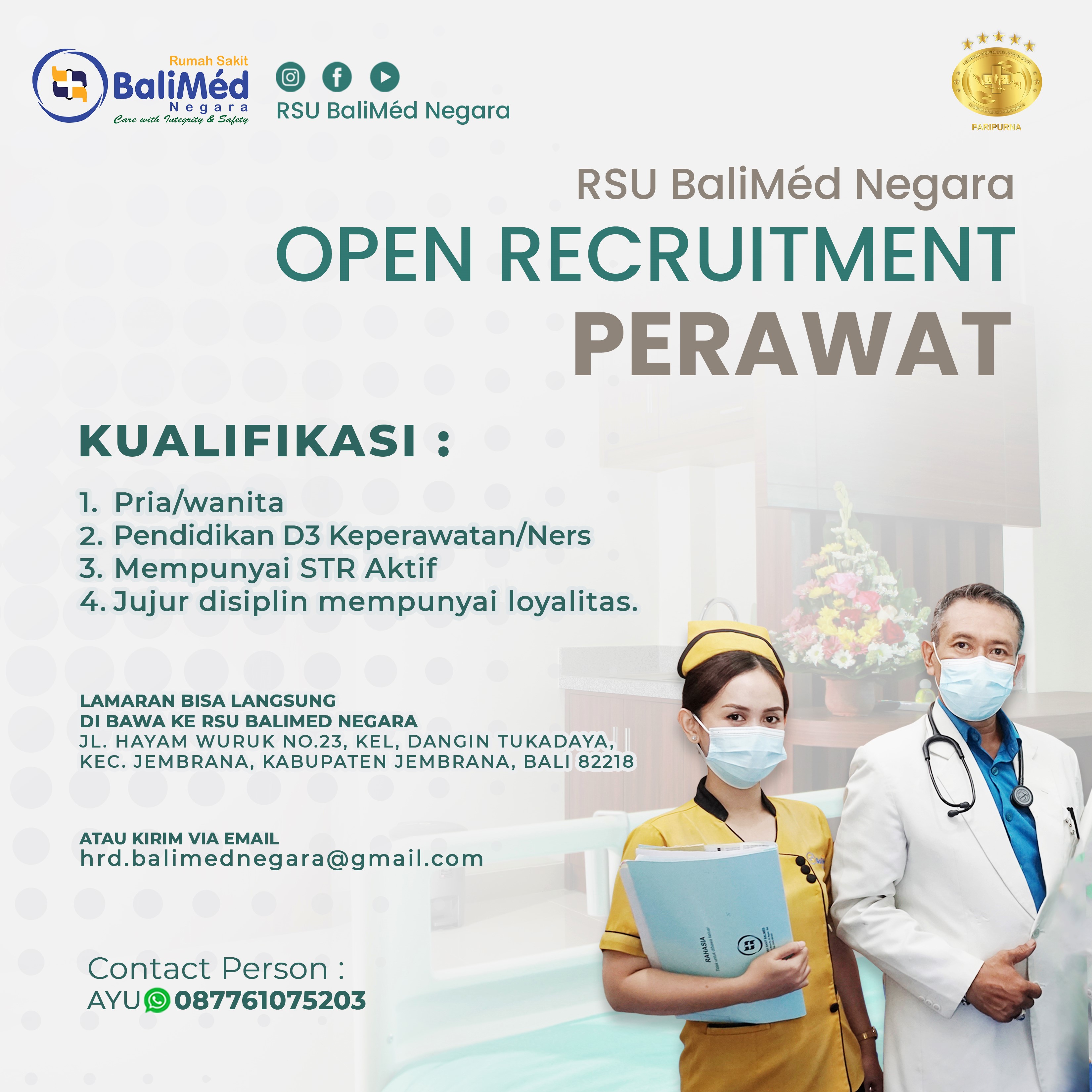 OPEN RECRUITMENT PERAWAT & FRONT OFFICE RSU BALIMED NEGARA